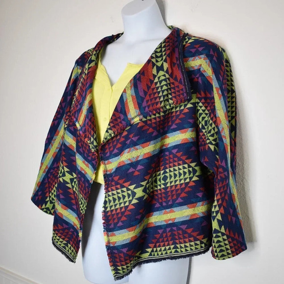Boho Sz XL Handmade Artsy Aztec Southwestern 3/4 Sleeve Relaxed Fit Open Jacket - Picture 5 of 12
